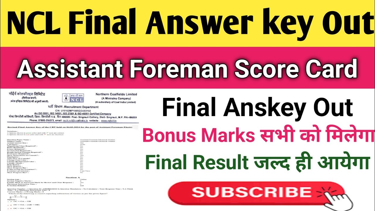 NCL Final Answer Key Out||NCL Assistant Foreman Final Answer key||NCL Assistant Foreman Result 2024