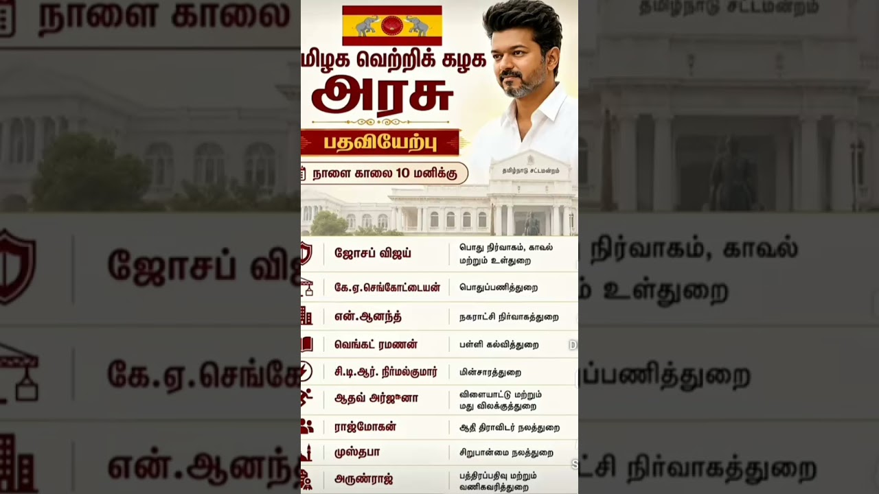 தமிழக வெற்றிக் கழக அரசு பதவியேற்பு!| TVK Cabinet Ministers List 2026 | Vijay Government #tvk #tnpsc