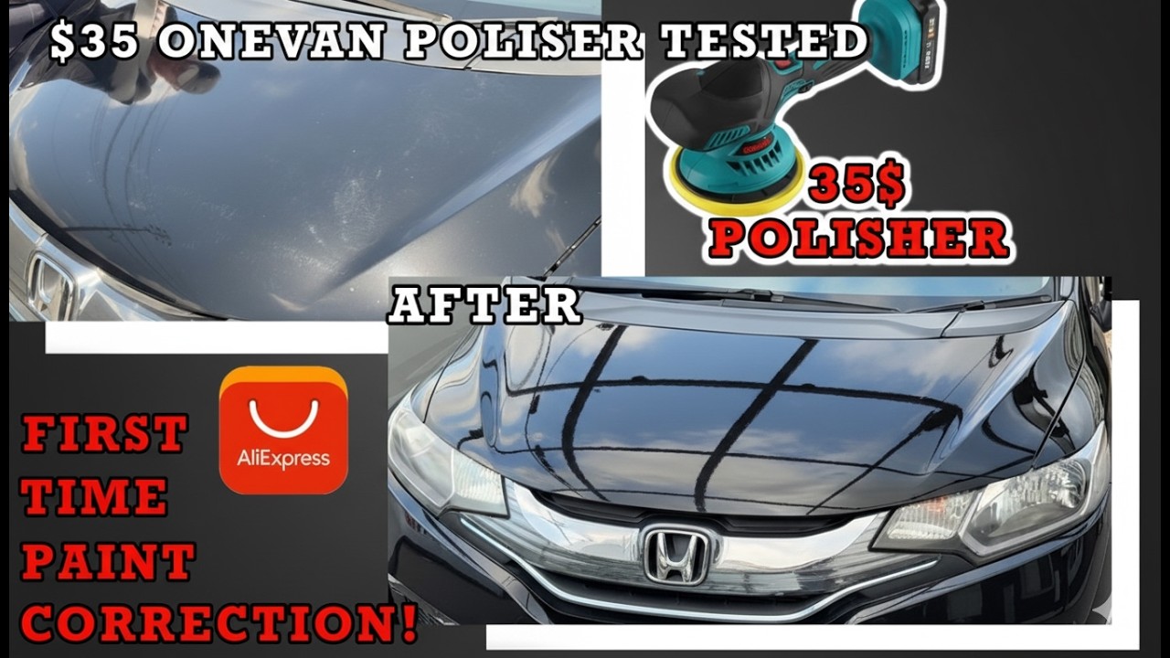 $35 Onevan Polisher from AliExpress Tested on Black Beat-Up Honda Fit. First Time Paint Correction!