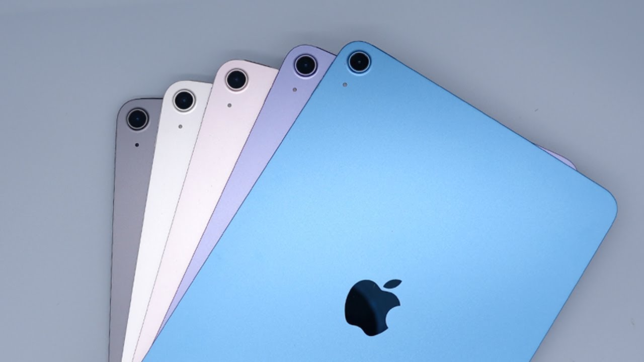 Сравнение всех цветов iPad Air M1: фиолетовый, синий, розовый, звездный и серый