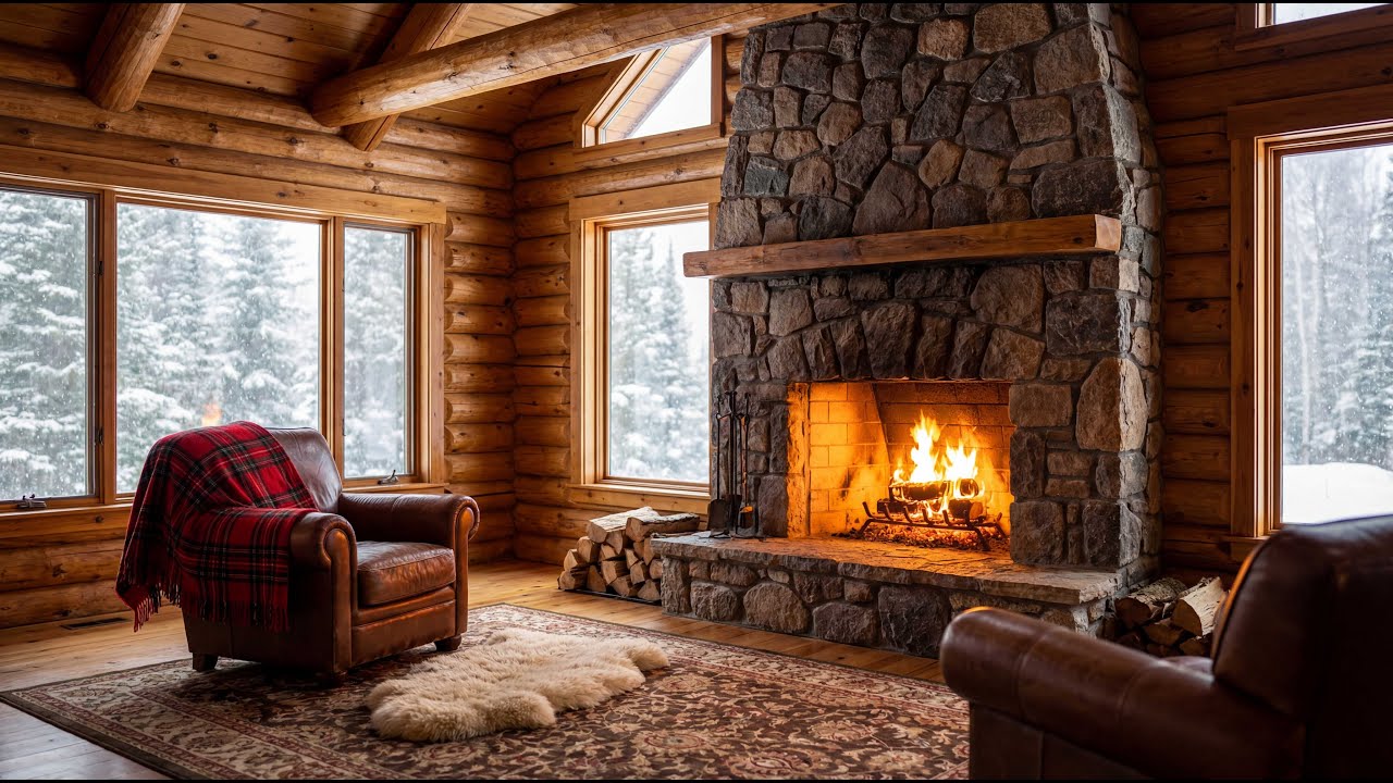 Cozy Log Cabin Stone Fireplace – 8 Hours of Crackling Fire Sounds (Winter Cabin Ambience)
