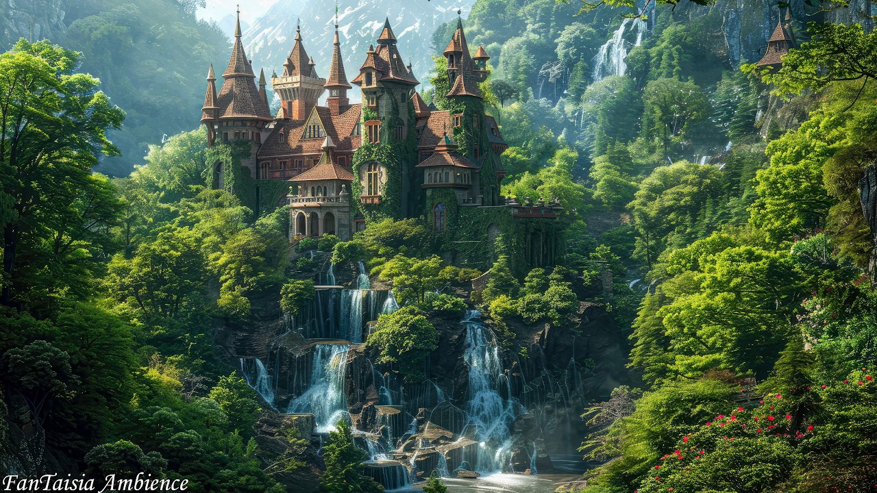 Relaxing Celtic Music: Springtime Castle by the Waterfall in the Verdant Forest,Deserted Castle