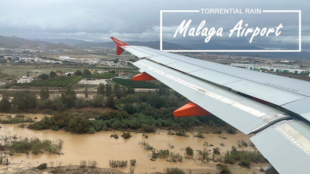 Landing in Malaga during torrential rain, storm and floods in Spain