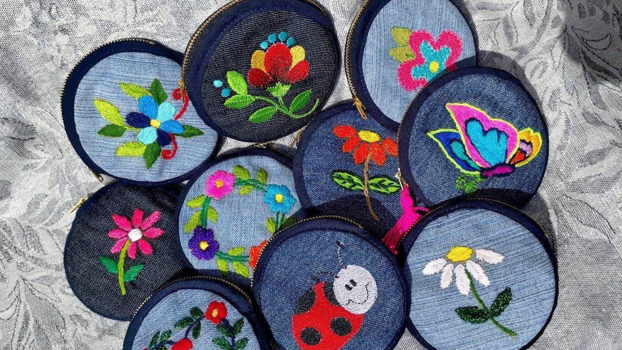 MONEDEROS REDONDOS / MONEDEROS DE JEANS RECICLADOS / MONEDEROS BORDADOS