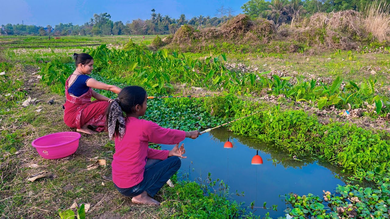 Fishing video || Expert skills two ladies is fishing in the village canal using hook || Hook fishing