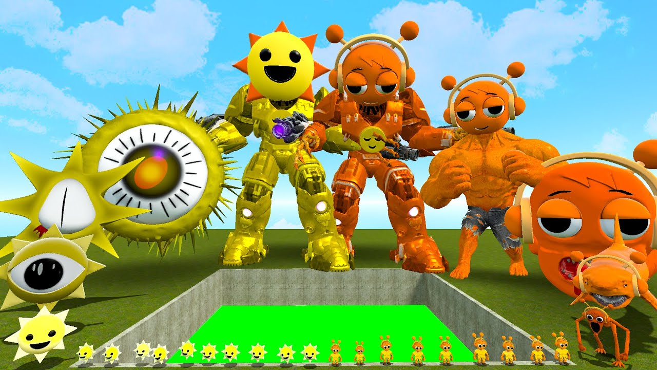 BIG HOLE TOXIC ALL MUSTARD MR SUN SPRUNKI VS ALL OREN ORANGE SPRUNKI SPARTAN KICKING in Garry's Mod!