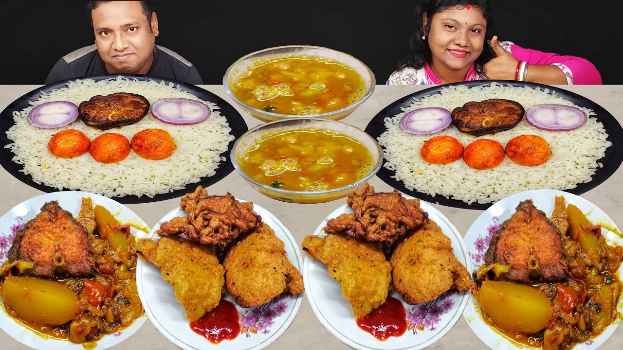 FULL KOPIR PAKORA FISH CURRY BOIL EGG FRY DAL CHAWAL EATING CHALLENGE // food family blogs