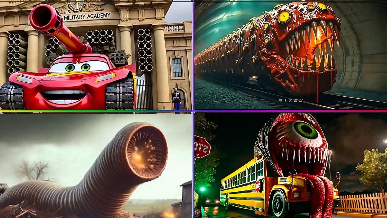 SCHOOL BUS MONSTER VSEriosion Worm VS McQueen TANK VS Train Eater Tiles Hop EDM Rush