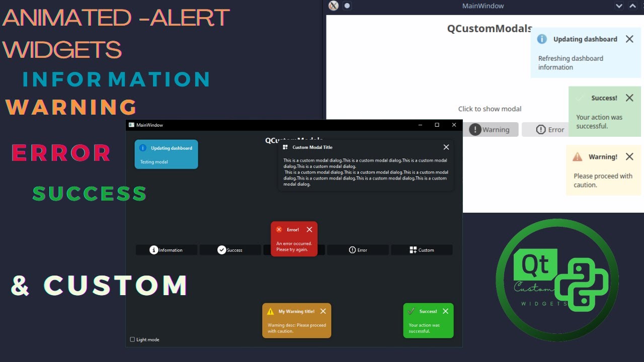 Python GUI - QCustom Modals : Alert, Warning, Information, Success, Error pop-up animated modals.