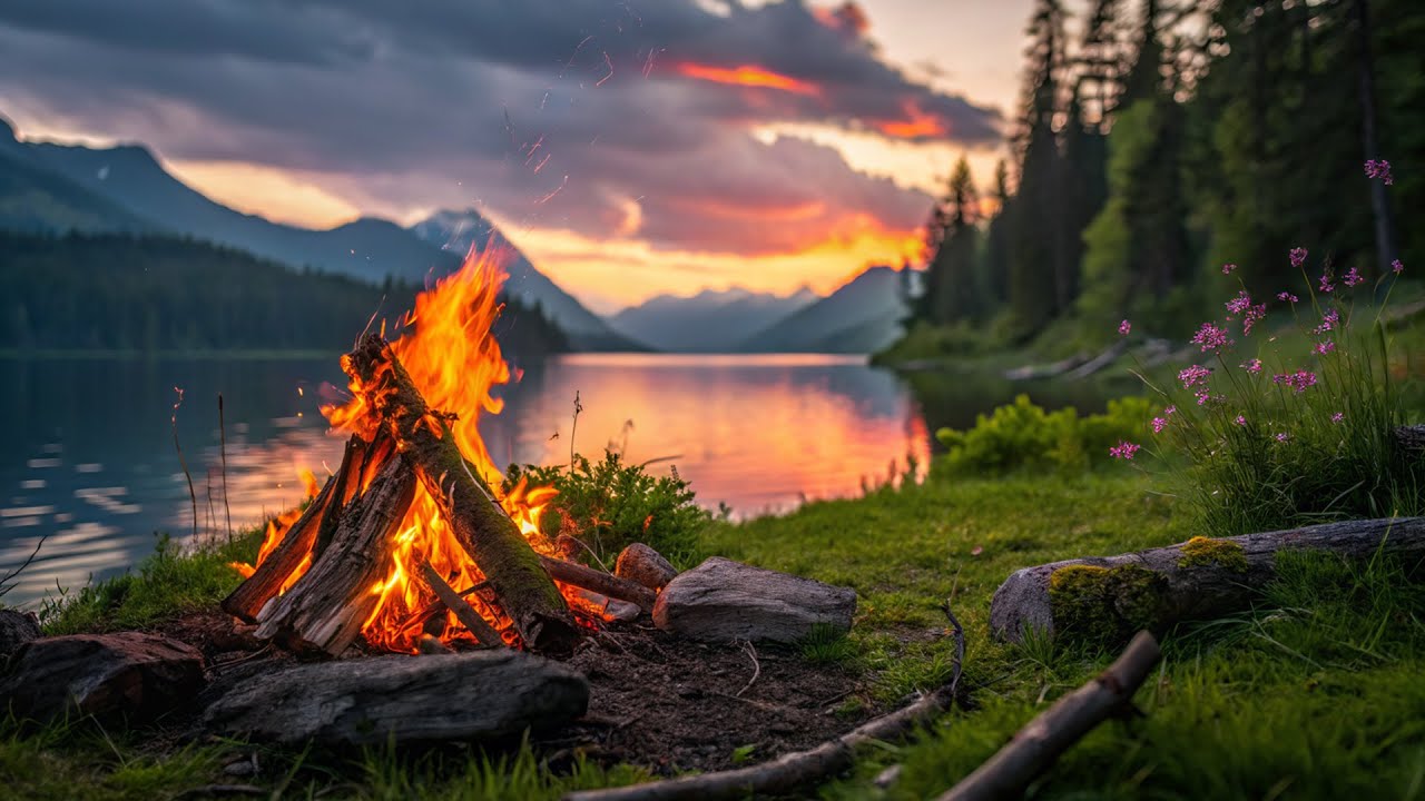Relaxing Campfire with Lake Breeze – Summer Forest Sounds for Deep Sleep 🔥🌿🌊