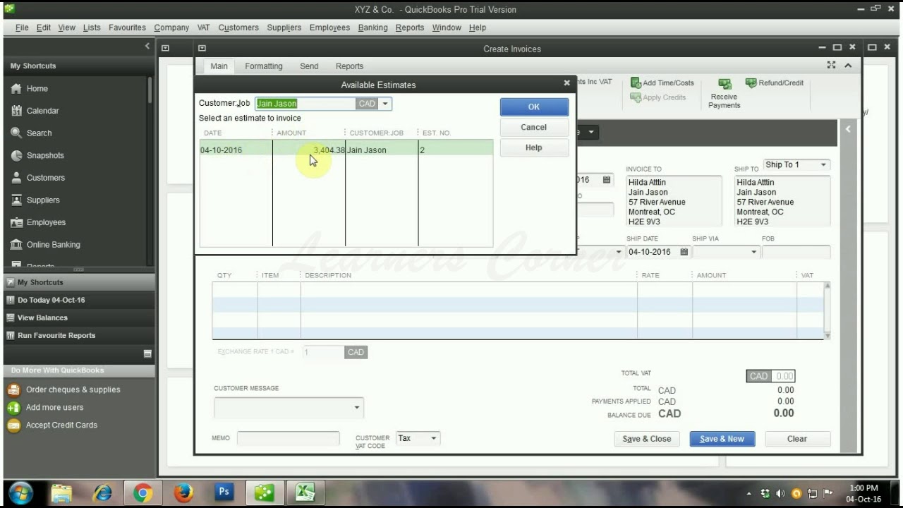 The Customer Center   Invoice  in Quick Books