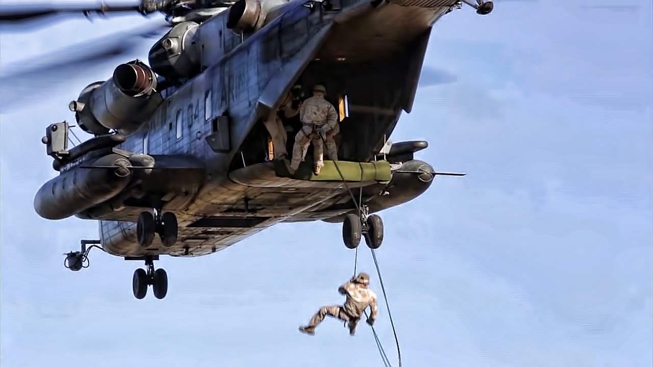 Recon Marines Fast Rope From CH-53E At Camp Lejeune