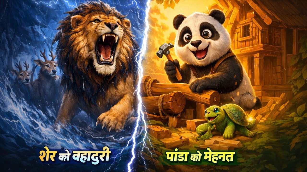 1️⃣ डरपोक शेर और आलसी पांडा कैसे बने जंगल के हीरो? 🦁🐼#kidsmastiworld