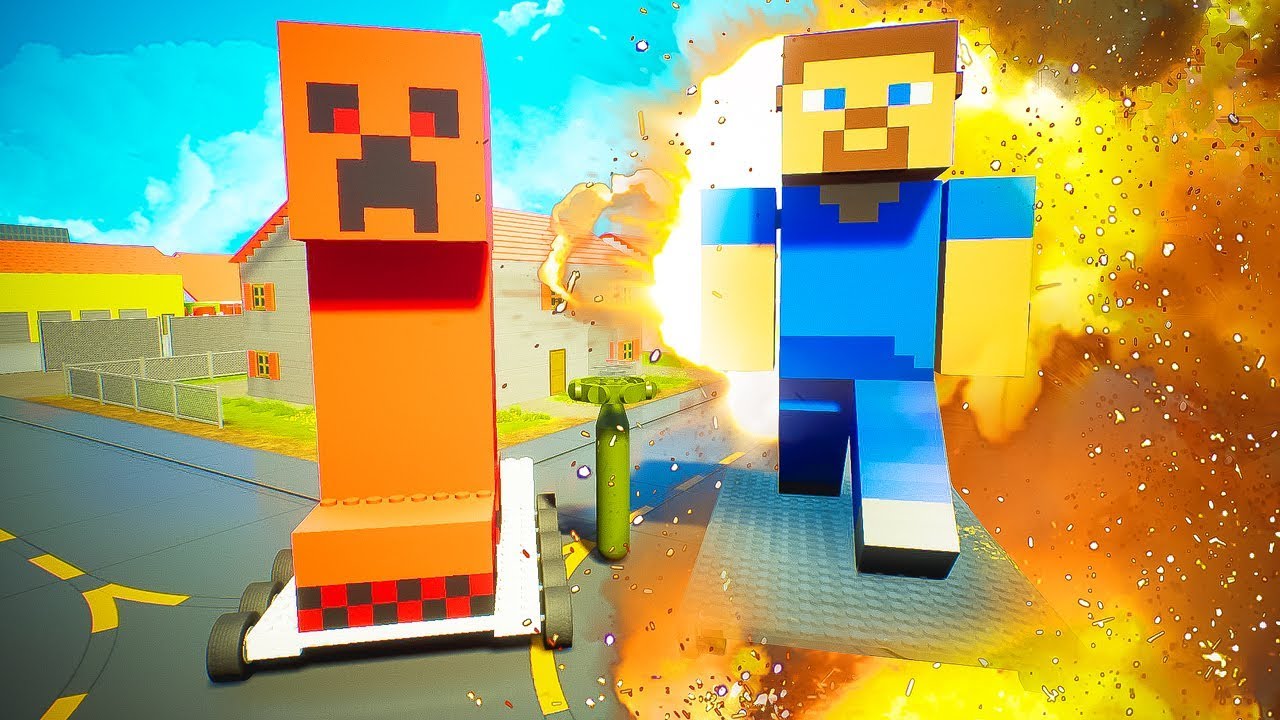Lego Minecraft Steve, Creeper Crashes into Nuclear Bomb | Brick Rigs