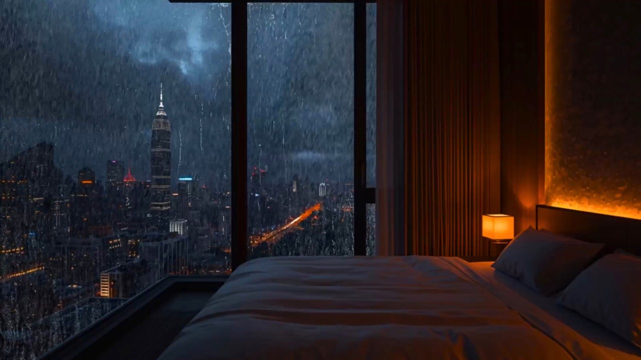 Instant Calm & Deep Rest 🌧️ Rainy Night City View from Cozy Bedroom | Soothing Rain Sounds