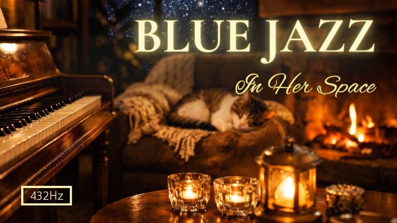 When the Fire Burns Low 🔥 After Hours Blue Jazz (432Hz) | Cat, Piano & Fireplace Night Ambience
