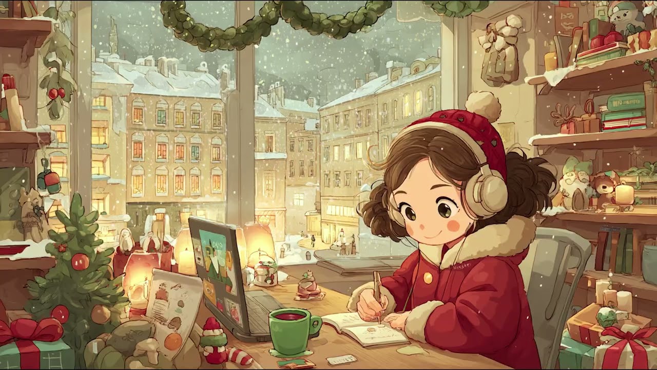 Snowy night air wrapped around gentle piano melodies producing a serene winter ambience