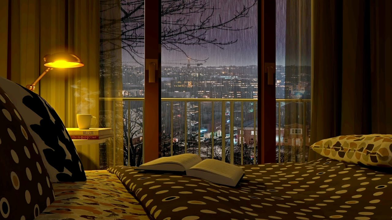 🎧 Cozy Bedroom Ambience - Night City View and Rain - 8 Hours Relaxation and Sleep