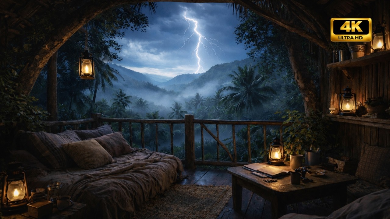 JUNGLE TREEHOUSE SLEEP SOUNDS | Heavy Rain + Thunder | Lightning Storm Night | 3 Hours