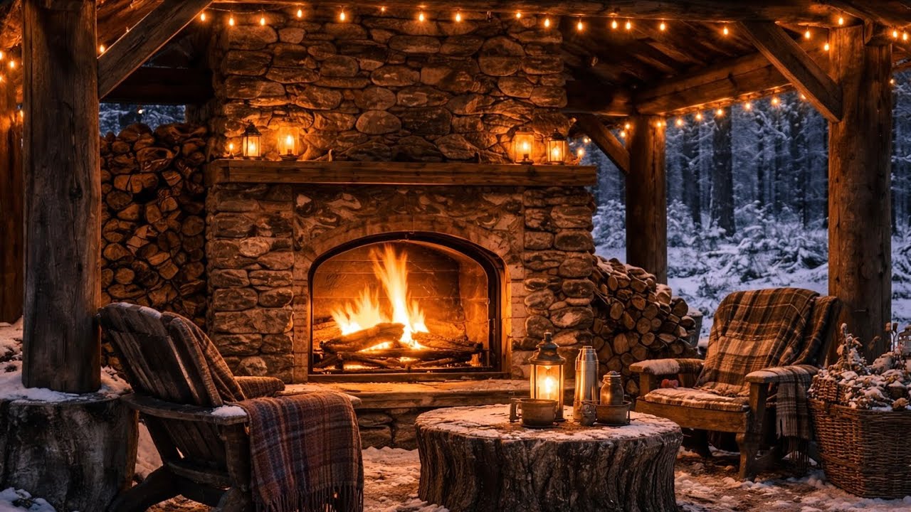 Cozy Winter Pavilion Fireplace | 2 Hours of Outdoor Fireplace Ambience for TV