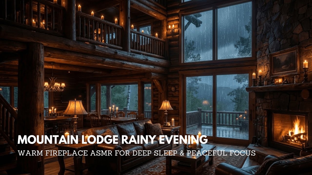 Mountain Lodge Rainy Evening – Warm Fireplace ASMR for Deep Sleep & Peaceful Focus