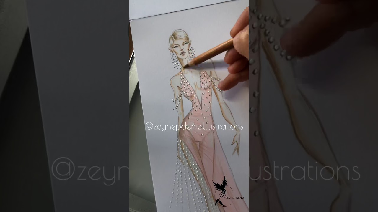 Fashion sketch tutorial by ZEYNEP DENIZ-pearl beaded dress/marker & acrylic