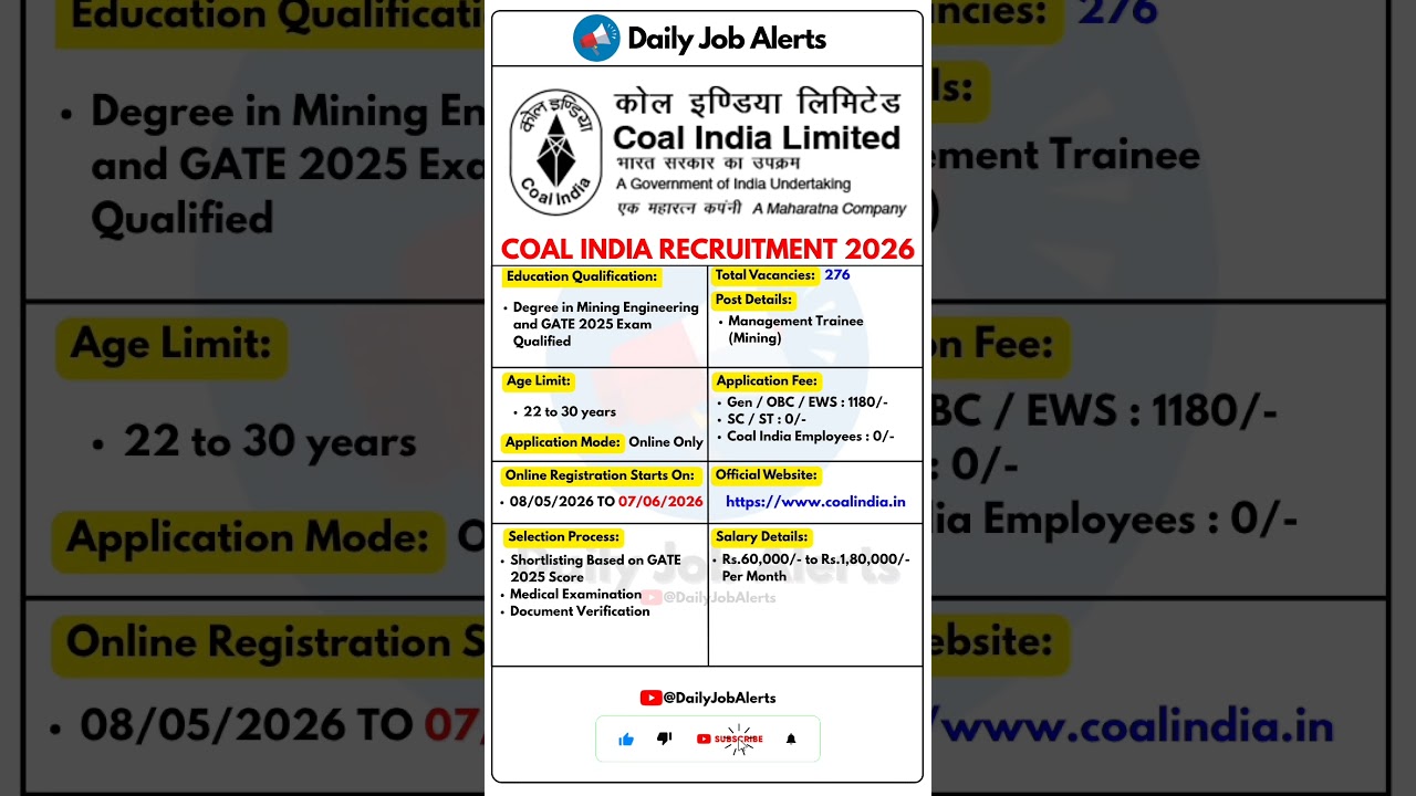 Coal India Recruitment 2026 | New Vacancy 2026 | Daily Job Alerts #shorts