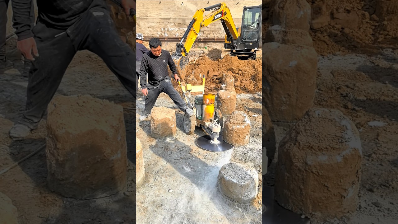 Piles Cutting Process With Saw - Good tools and machinery make work easy