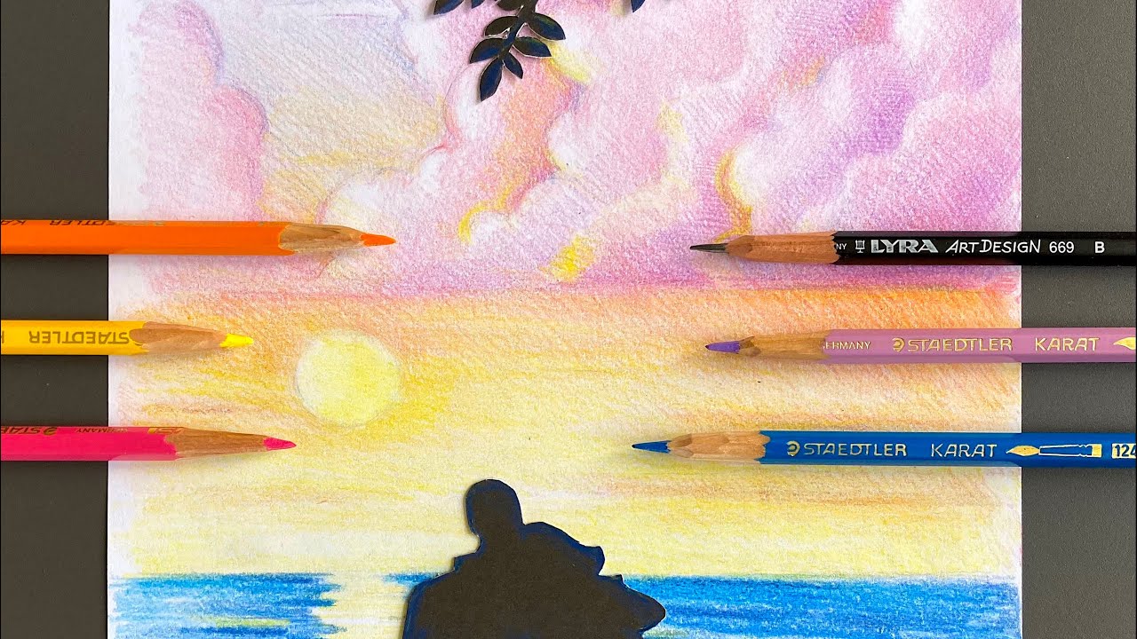 How to draw seascape sunset scenery / Romantic couple silhouette