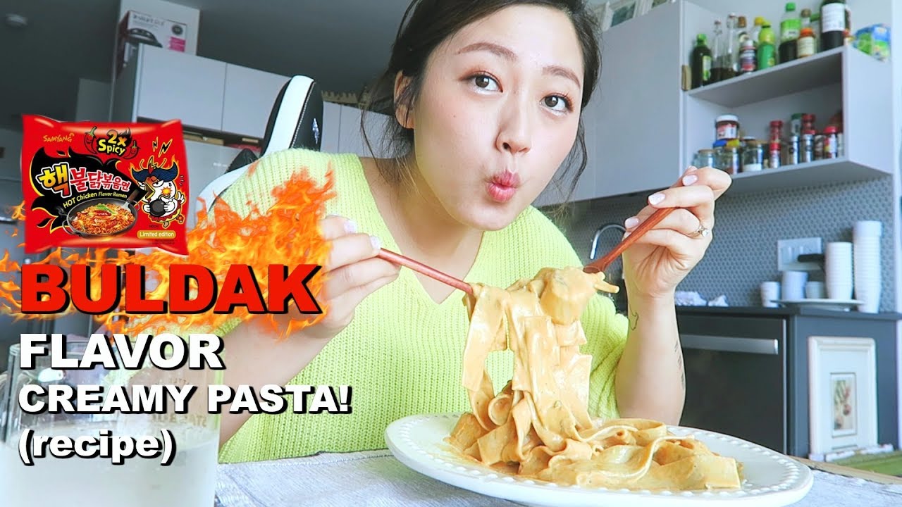I tried making 'Nuclear Fire Buldak' flavored CREAMY ALFREDO PASTA w. Pappardelle ~