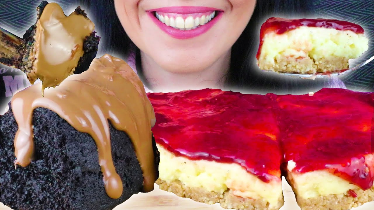 DARK CHOCOLATE CAKE & STRAWBERRY CHEESECAKE 🍰 | No Talking | ASMR Mukbang - 먹방 | Real Eating Sounds