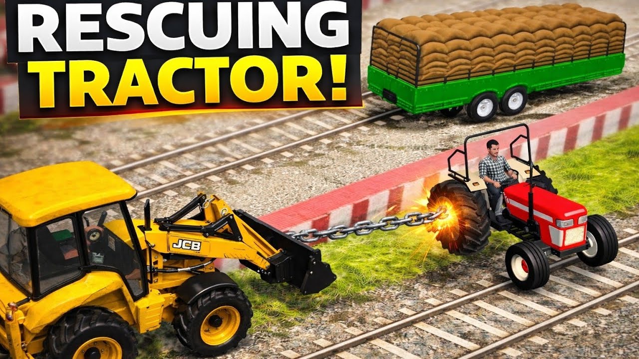Rescuing Tractor With Trolley Load From JCB At Railway Track Tractor JCB Video 🚜