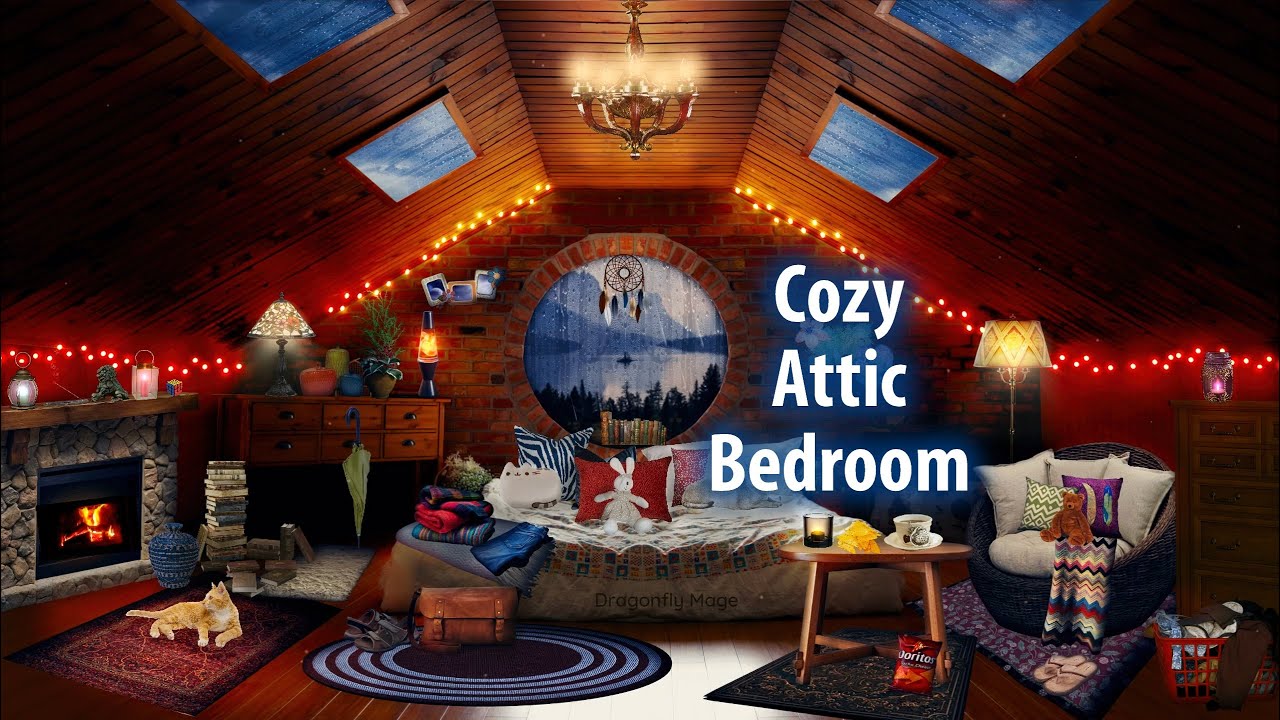 Cozy Attic Bedroom 🛌 ASMR Ambience (rain, fireplace, tea, crunching, purring)