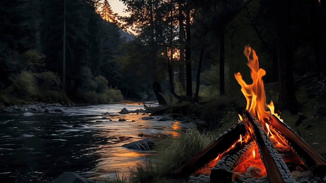 Cozy Spring Forest by the River 🔥 Crackling Campfire & Gentle Nature Sounds (4K ASMR )