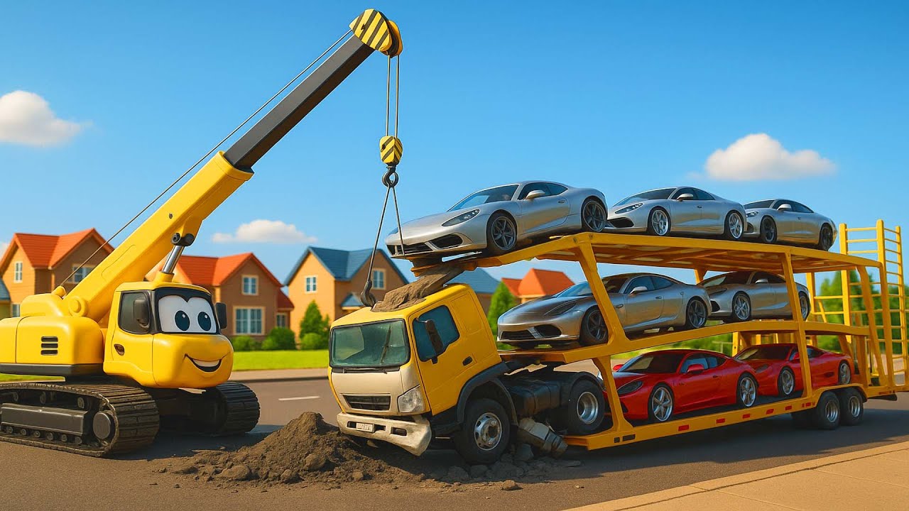 GIANT CRANE SAVE CAR TRANSPORTER TRUCK 🚧 | Funny Construction Vehicles Animation