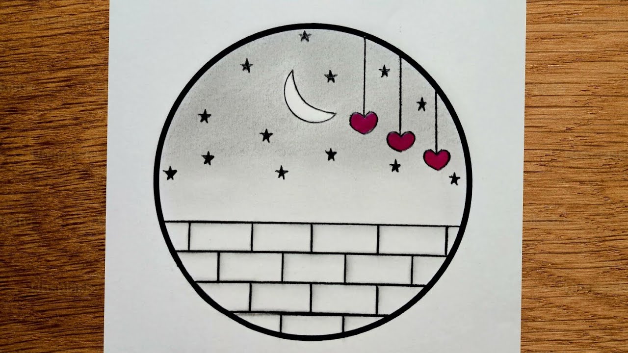 Circle Scenery drawing Easy | Circle scenery drawing with heart Step by Step 