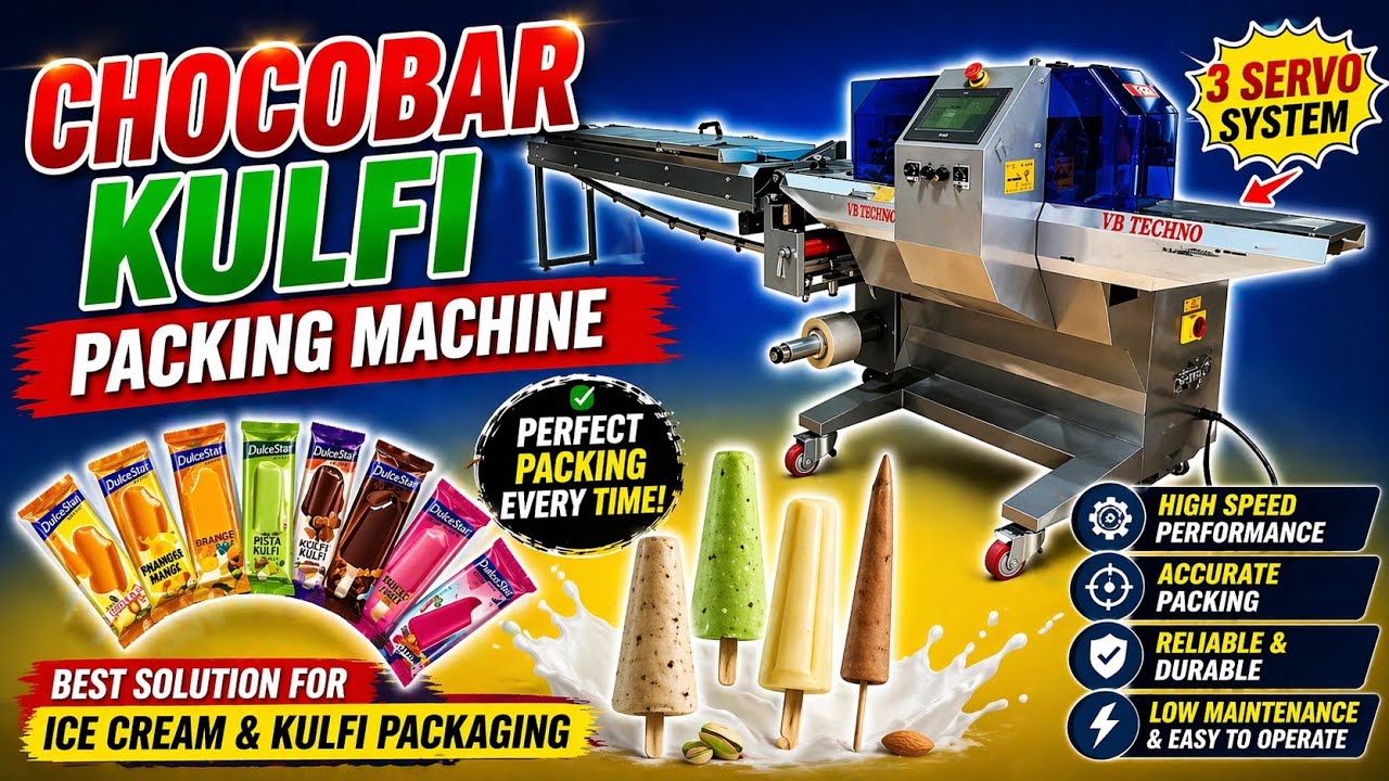 Chocobar Candy Packing Machine | Kulfi Packing Machine | 3Servo Flow Wrap Machine |Flow Wrap Machine