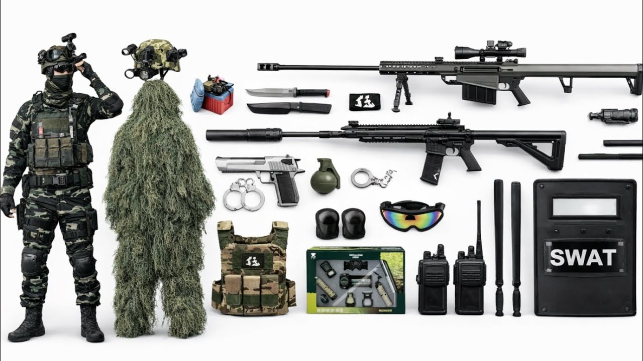 Unboxing mysterious toy box, Mauser 98K sniper rifle, AK47 assault rifle, MP5 submachine gun, Glock