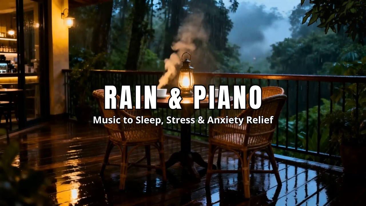 Relaxing Music with Rain Sounds & Piano on Rainy Jungle Coffee Terrace for Calm Sleep | Night
