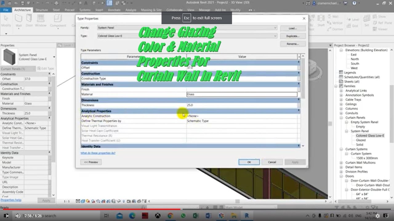 Change Glazing Color & Material Properties For Curtain Wall in Revit
