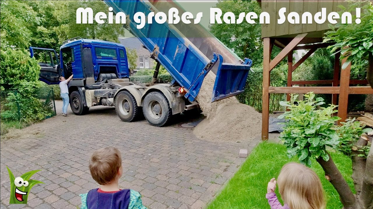Mein großes erstes Rasen Sanden 😀 2.200 kg Sand und 30 Grad im Schatten! Plus Nachsäen und Wässern.