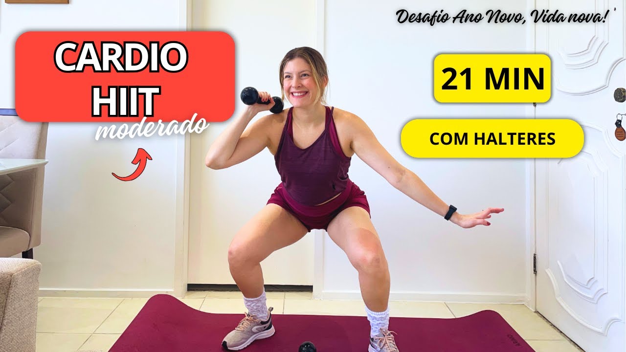 Dia 3: 21 Min de CARDIO HIIT EXPRESS em Casa | Queimar Gordura e Acelerar o coração (com halteres)