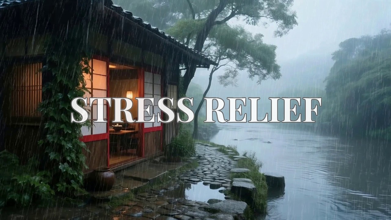 12 Hours Heartwarming Heavy Rain at a Warm Riverside Cabin for Instant Stress Relief 🌧️