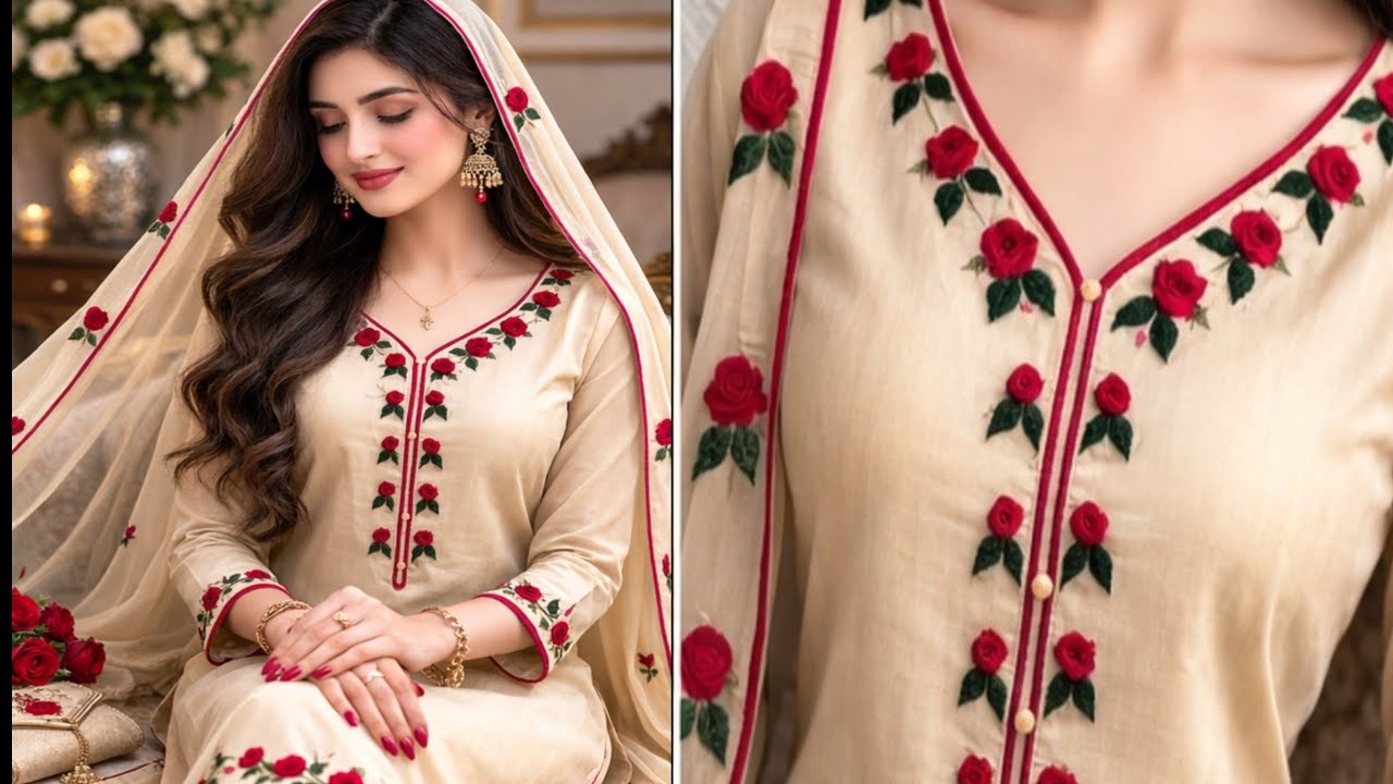 Simple neck design.... Esay hand embroidery flowers desion... Beautiful hand embroidery neck design 