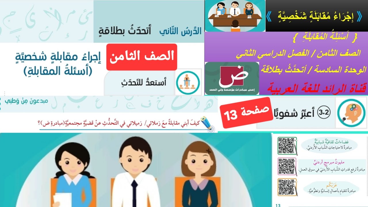 أتحدث بطلاقة إجراء مقابلة شخصية اسئلة المقابلة صف ثامن عربي صفحة 12 / 13 الدرس الثاني الوحدة السادسة