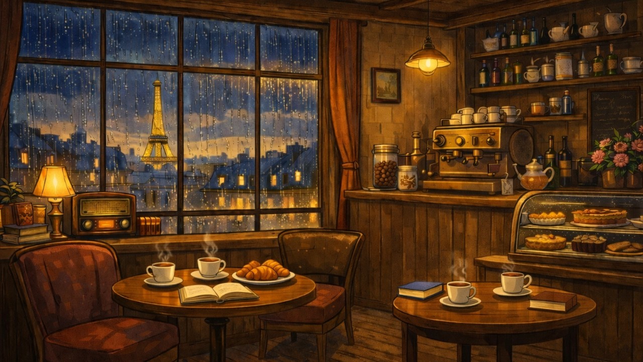 1940s Jazz playing from Another Room | Paris Café Ambience | Rain Sounds