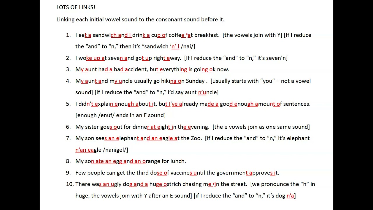 Consonant to Vowel Linking Sounds Example Sentences