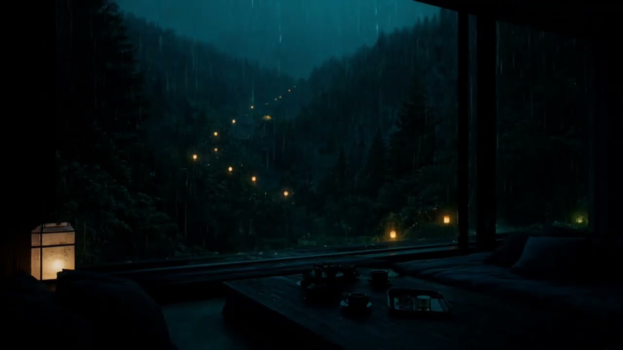 Rainy Night Through the Window 🌧️ 🌲 | Calm Forest Lights | Deep Relax & Sleep