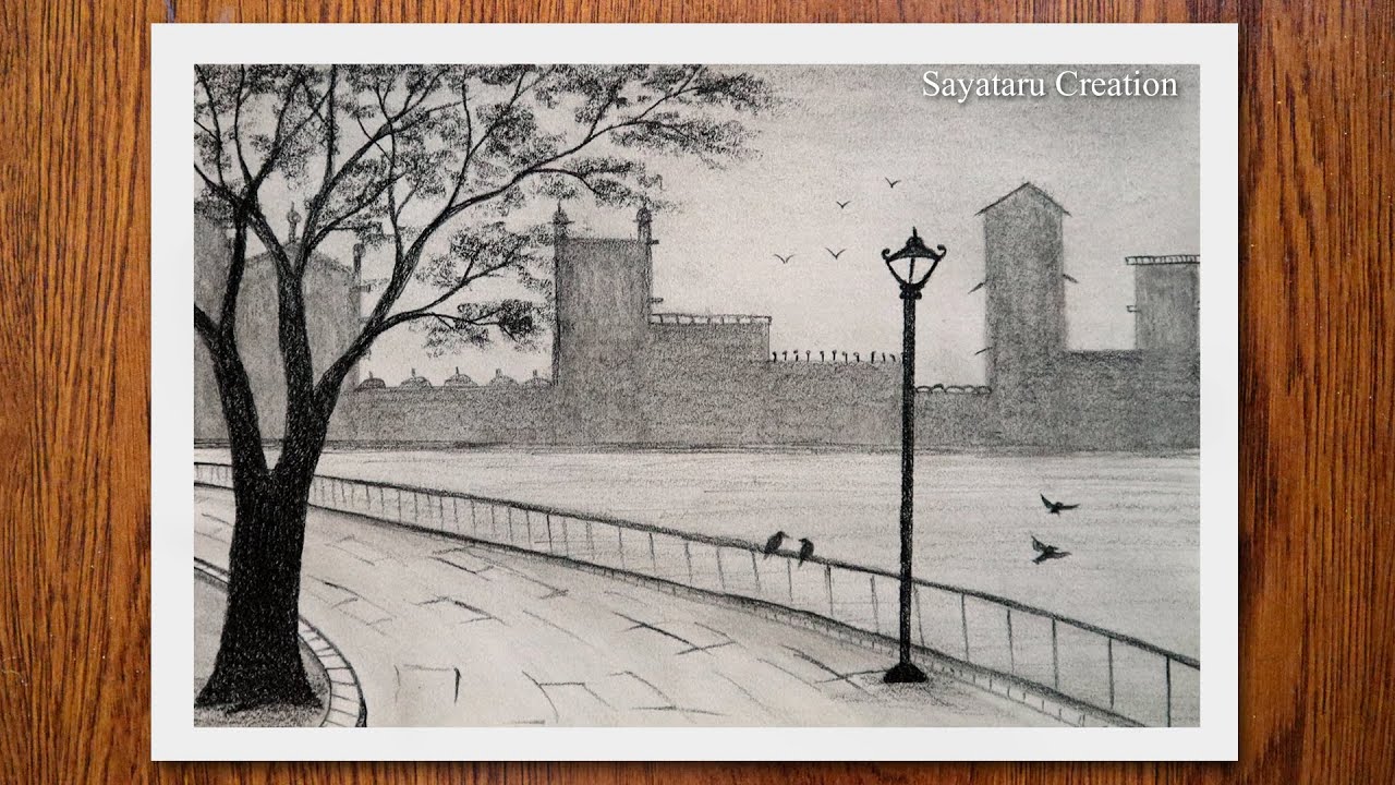 Riverside Old Town Road Scenery Drawing | Step by step Pencil Sketch for Beginners