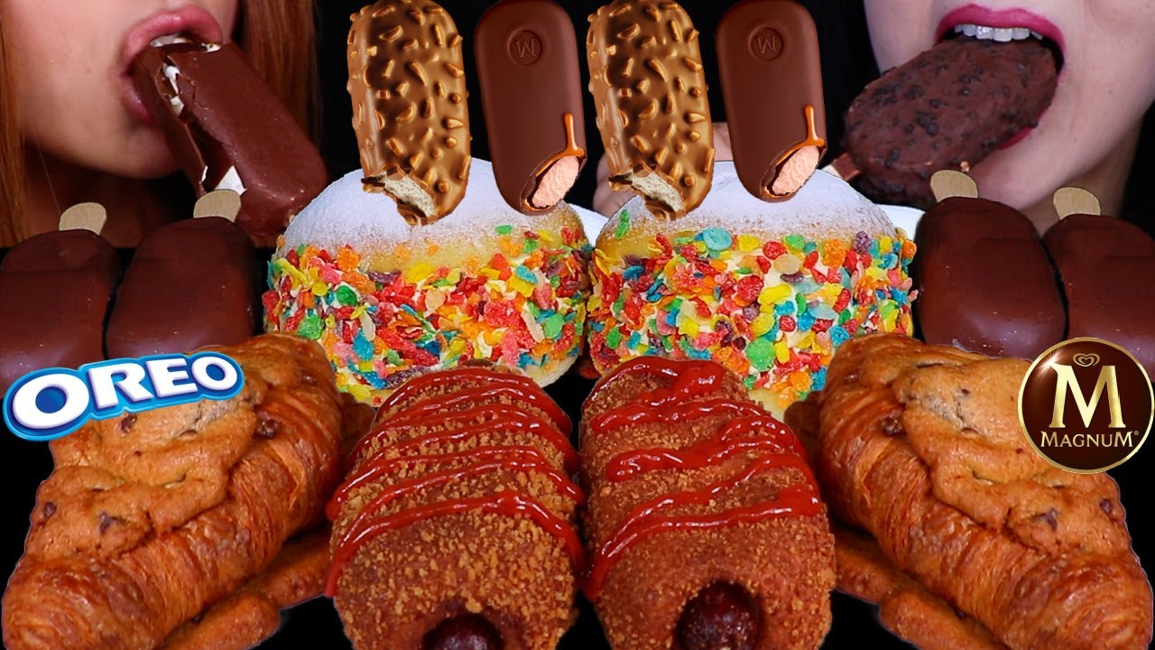 ASMR VIRAL DESSSERTS! Magnum caramel ice cream, Giant fresh cream donuts, Chocolate cookie croissant